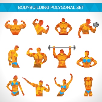 Bodybuilding polygonal icons set
