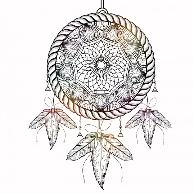 Boho Style Dream Catcher Avec Motif Ornemental Tribal Floral. élément Décoratif Ethnique à La Main Créatif.