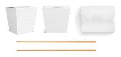 Boîte et baguettes blanches de wok, emballage de papier pour la nourriture chinoise, nouilles ou riz avec du poulet. maquette vectorielle réaliste de bâtons de bambou et de boîtes à emporter fermées en vue de face et de dessus
