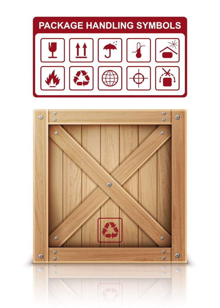 Vecteur gratuit boîte en bois et symboles d'emballage