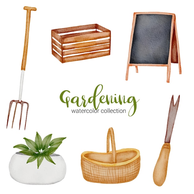 Boîte en bois, tableau noir, panier, fourchette à paille, pot de plante et bêche à main, ensemble d'objets de jardinage dans un style aquarelle sur le thème du jardin.