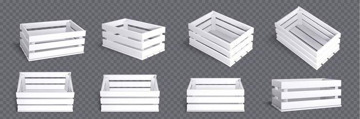 Vecteur gratuit boîte de caisse en bois blanc 3d palette de ferme de fruits vide vecteur icône de conteneur de fret de marché réaliste avec texture bois modèle de maquette d'emballage de récolte avec vue différente clipart de stockage isolé