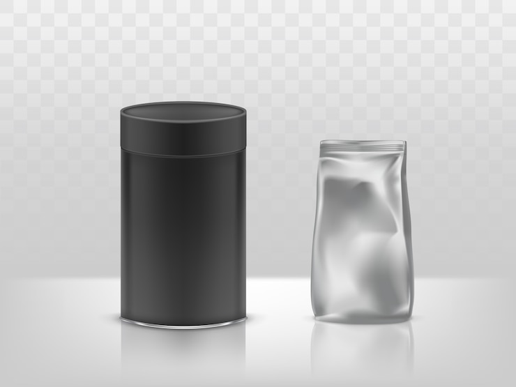 Vecteur gratuit boîte en carton rond et papier d&#39;aluminium en carton noir, emballage scellé en plastique, contenant