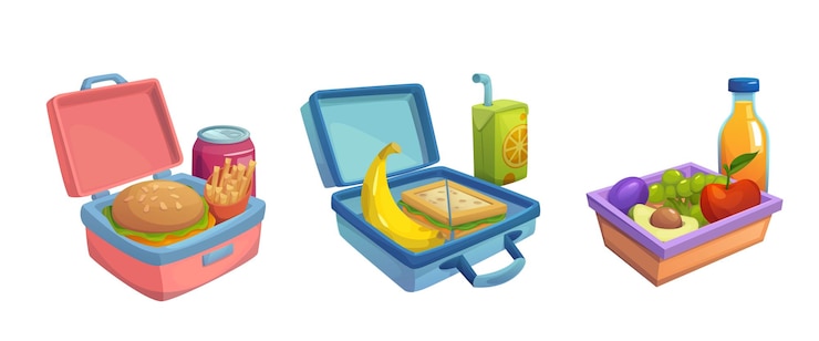 Vecteur gratuit boîte à déjeuner pour écoliers avec des aliments sains et des collations