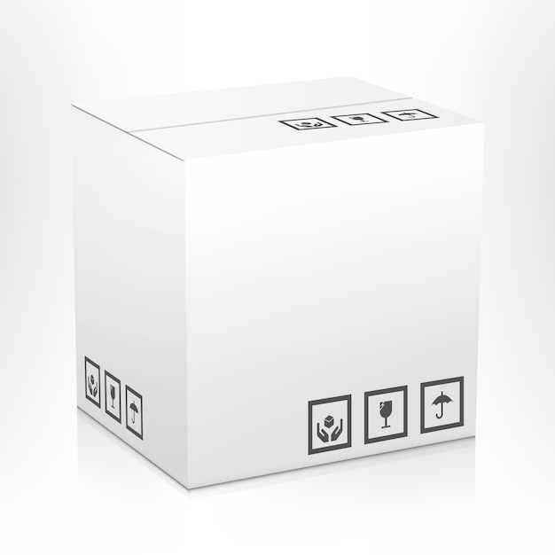Vecteur gratuit boîte d'emballage blanc vide carton fermé livraison colis avec signes fragiles isolé