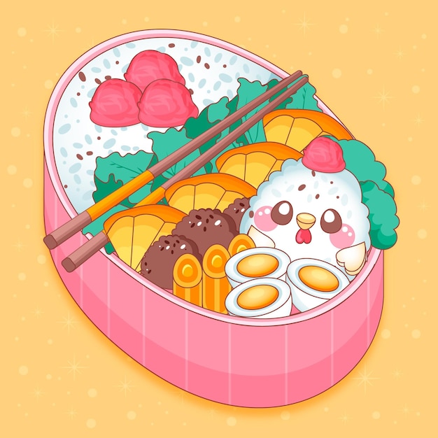 Vecteur gratuit boîte à lunch japonaise remplie de nourriture kawaii design