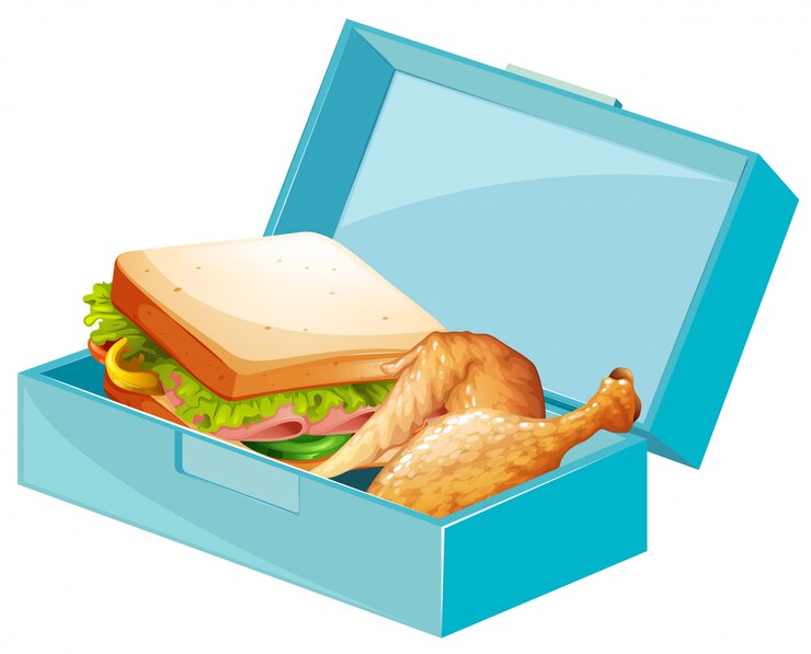 Vecteur gratuit boîte à lunch avec sandwichs et poulet frit