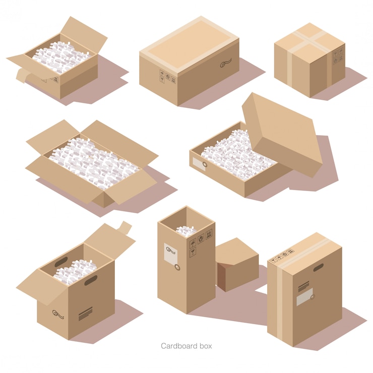 Vecteur gratuit boîtes d'emballage en carton isométrique avec remplissage