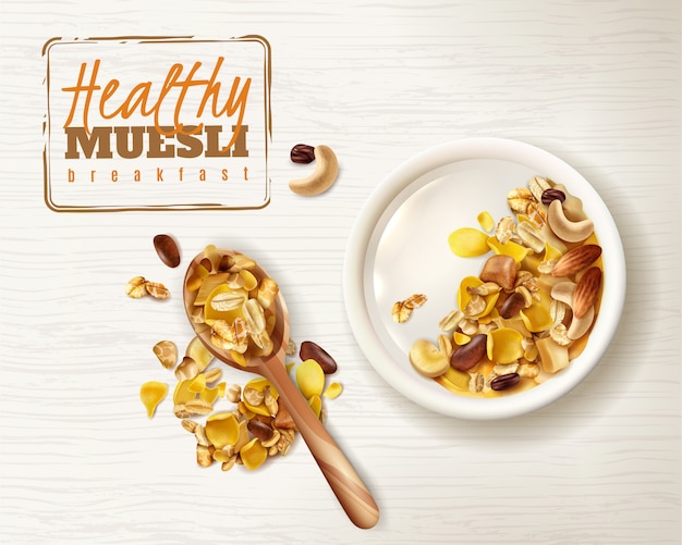 Vecteur gratuit bol réaliste petit-déjeuner muesli superaliments sains avec de délicieuses céréales granola et des images de la cuillère et une cuillère