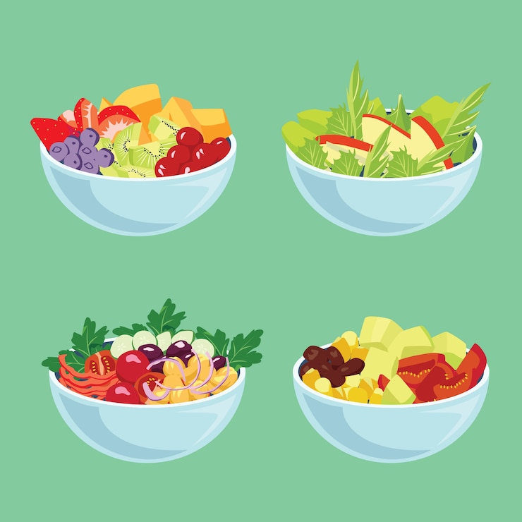 Vecteur gratuit bols bleus avec légumes et fruits