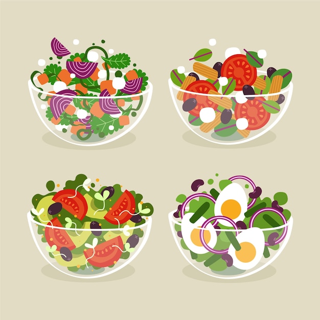 Vecteur gratuit bols à fruits et salades style plat