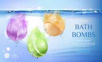 Vecteur gratuit bombes de bain dans l'eau, produits de beauté cosmétiques pour soins du corps