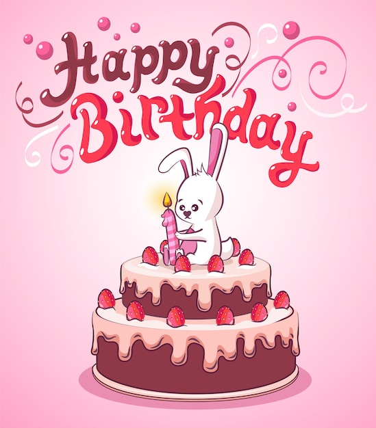 Bon Anniversaire Carte De Voeux D Anniversaire Petit Lapin Sur Le Gateau D Anniversaire Avec Une Bougie Allumee Vecteur Premium