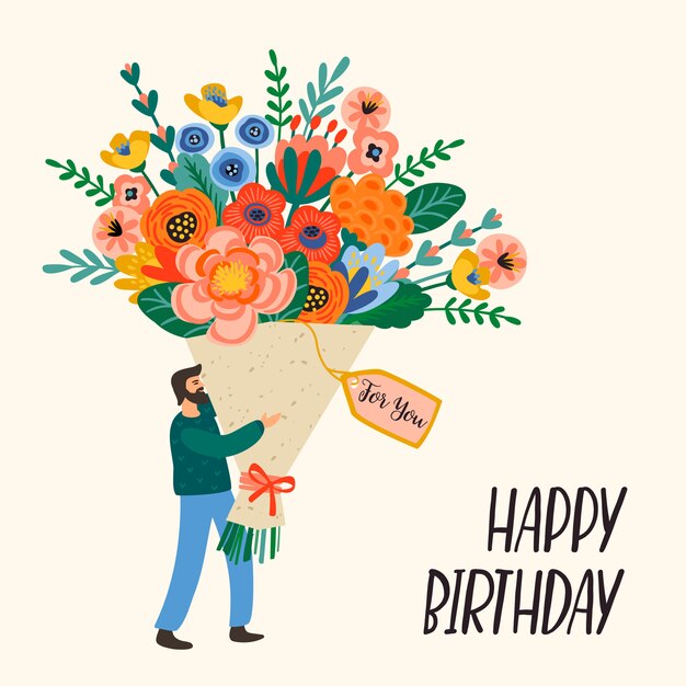 Bon Anniversaire Homme Mignon Avec Bouquet De Fleurs Vecteur Premium