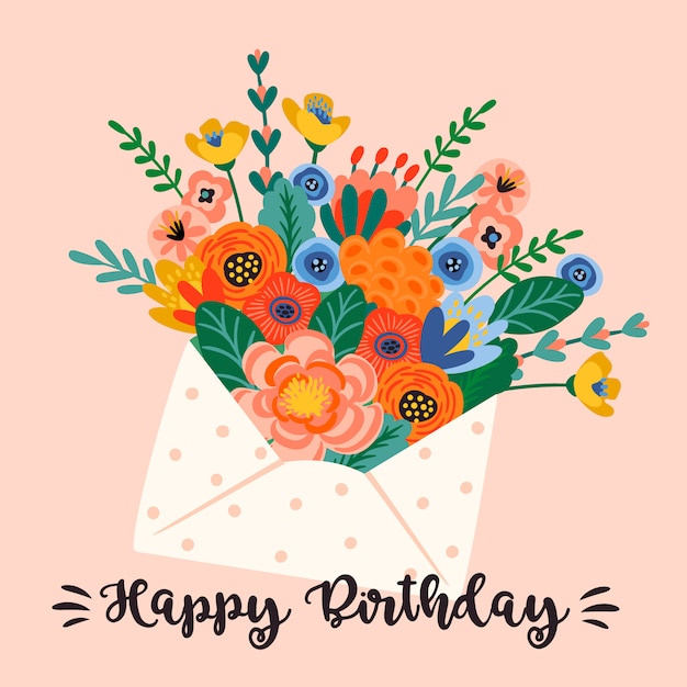 Bon Anniversaire Illustration Vectorielle De Joli Bouquet De Fleurs Dans Une Enveloppe Vecteur Premium