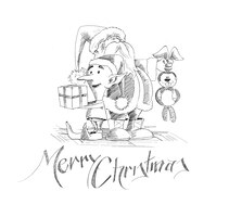Vecteur gratuit bonhomme de neige du père noël de style dessin animé avec un paquet-cadeau de lapin. joyeux noël.