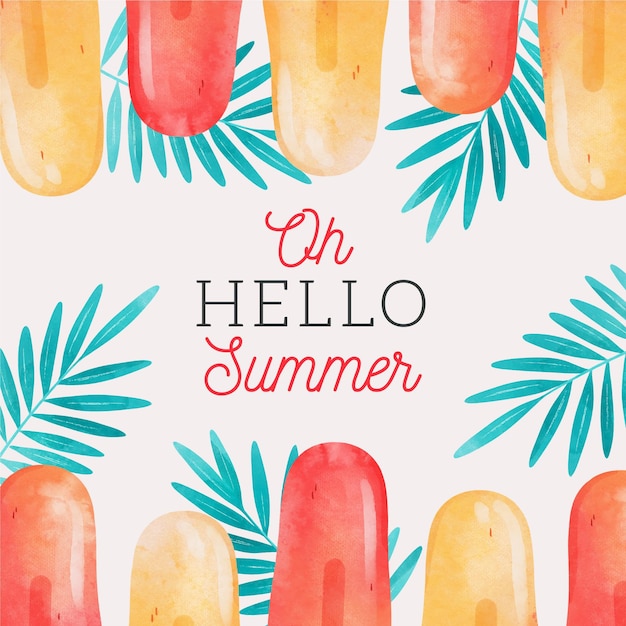 Vecteur gratuit bonjour aquarelle d'été avec des sucettes glacées et des feuilles
