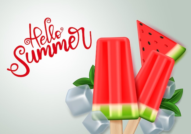 Bonjour l'été avec la conception de vecteur de popsicle pastèque bonjour texte d'été avec la pastèque tropicale