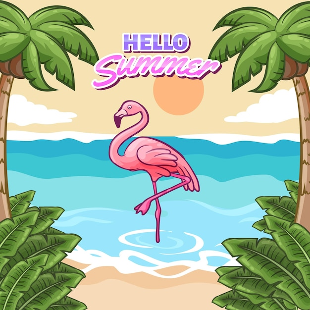 Vecteur gratuit bonjour l'été avec plage et flamant rose