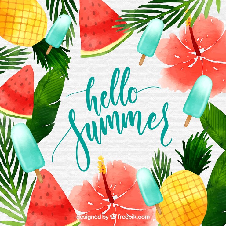Vecteur gratuit bonjour fond d&#39;été avec des glaces et des fruits dans un style aquarelle