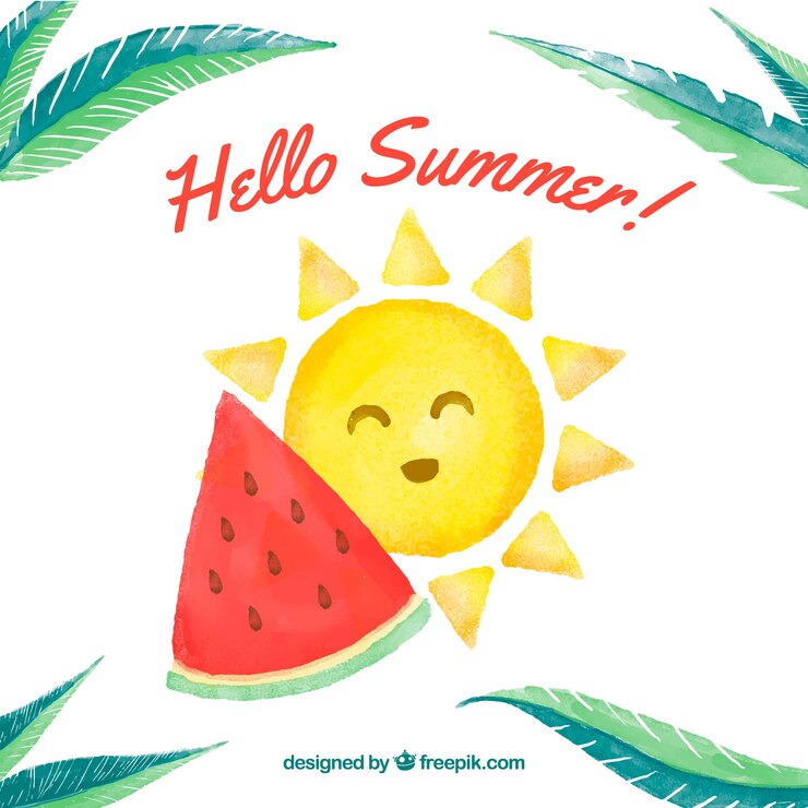 Vecteur gratuit bonjour fond d&#39;été avec soleil mignon et pastèque dans un style aquarelle