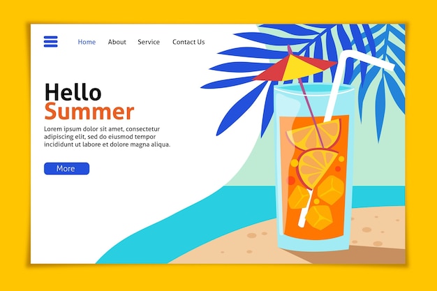 Vecteur gratuit bonjour landing page d'été avec plage et cocktail