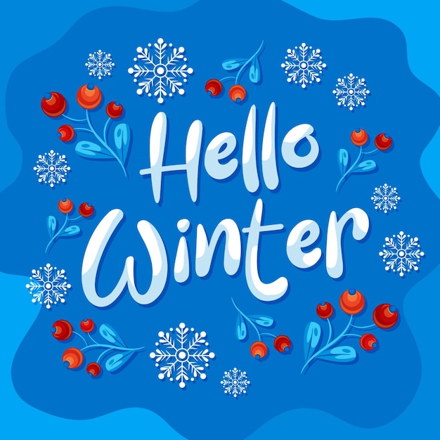 Vecteur gratuit bonjour lettrage d'hiver fait avec de la neige