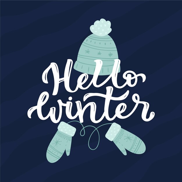 Vecteur gratuit bonjour lettrage d'hiver avec des vêtements