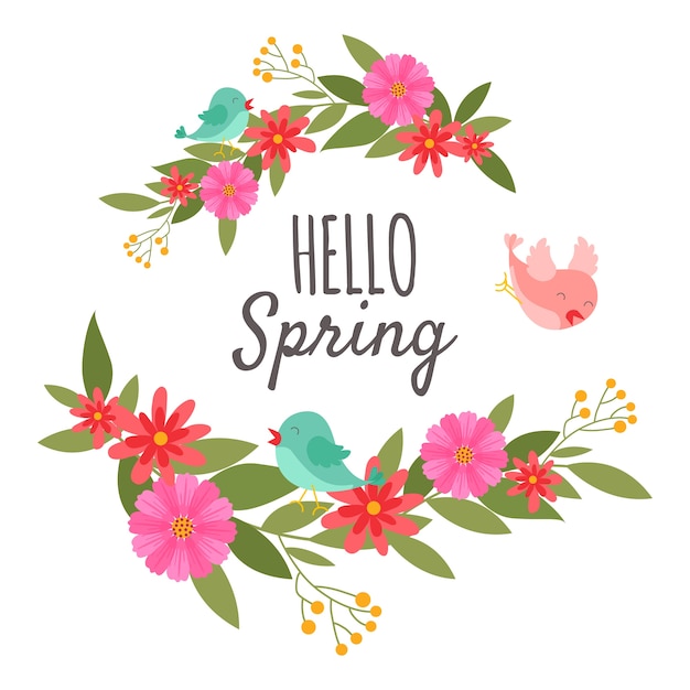 Vecteur gratuit bonjour ornement de printemps avec des fleurs et des oiseaux