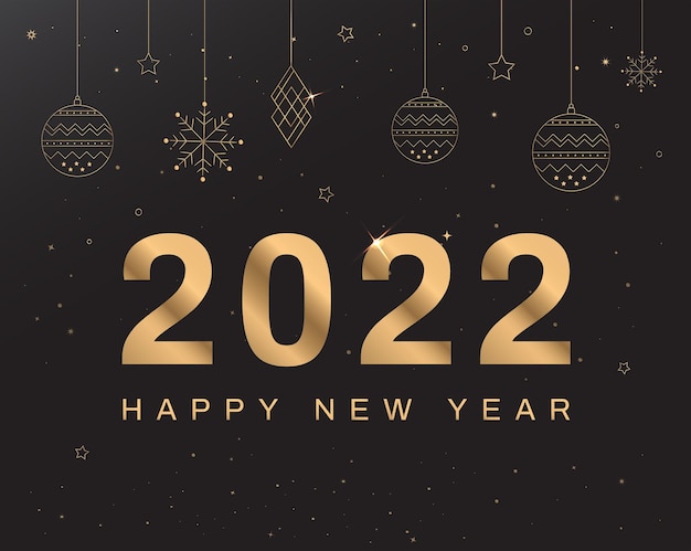Bonne Année 2022 Carte De Voeux Fond De Paillettes Avec Des étoiles D'or Boule De Flocon De Neige Vecteur Premium