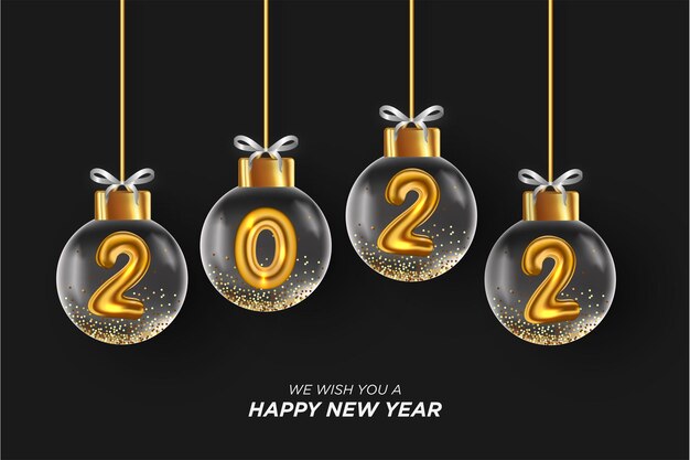 Bonne année 2022 fond de bannière avec des boules de Noël réalistes