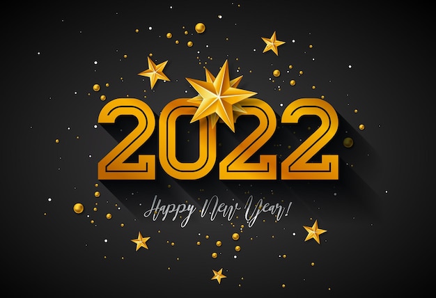 Vecteur gratuit bonne année 2022 illustration avec nombre et étoile d'or sur fond noir