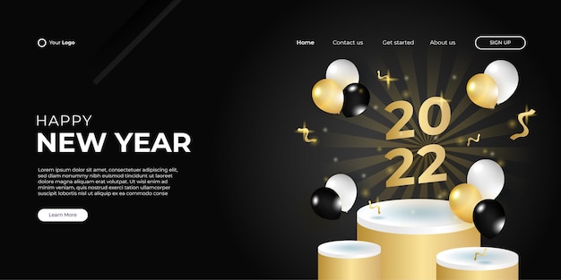Bonne année 2022 moderne et modèle de fond web de page de destination joyeux noël avec des ballons 3d noirs et or, un ruban et des paillettes. modèle de modèle de bannière de conception graphique abstraite de vecteur.