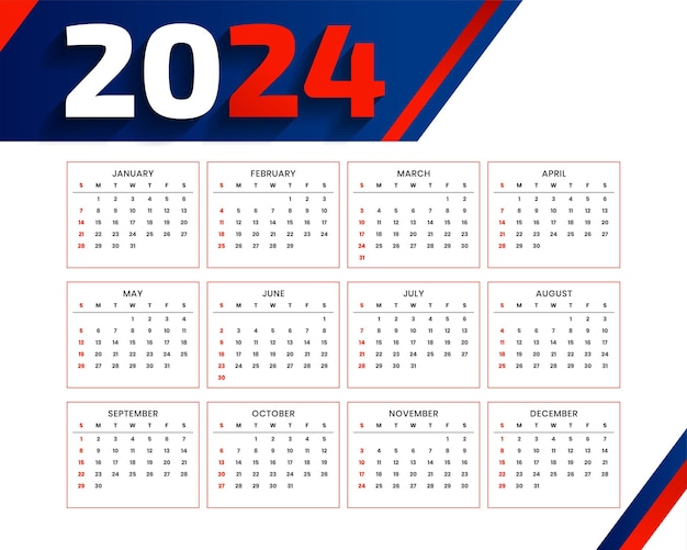 Vecteur gratuit bonne année 2024 modèle de calendrier anglais un vecteur de papeterie de bureau