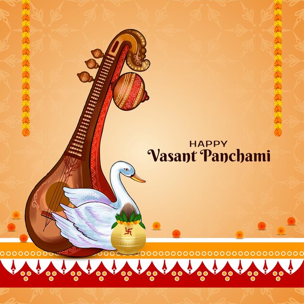 Vecteur gratuit bonne fête indienne de vasant panchami avec une carte de vœux avec un design veena