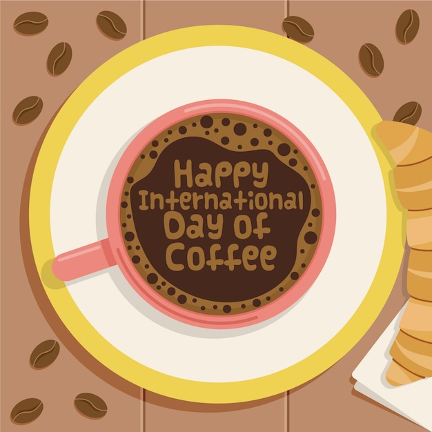 Vecteur gratuit bonne journée internationale de café en tasse avec croissant