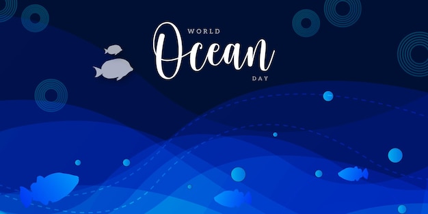 Bonne Journée Mondiale De L'océan Fond Bleu Foncé Bannière De Conception De Médias Sociaux Vecteur Gratuit