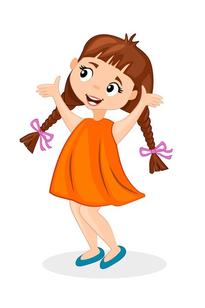 Bonne Petite Fille De Dessin Anime Mignon Avec Des Tresses Vecteur Premium
