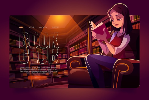 Book club cartoon landing page jeune femme lisant dans la bibliothèque la nuit