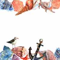 Vecteur gratuit bordure de coquille marine ou motif de cadre avec ancre et mouette sur la côte de l'océan