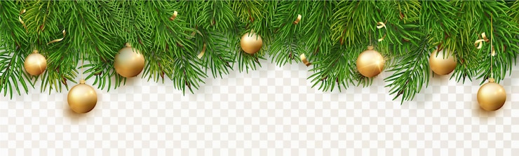 Vecteur gratuit bordure de noël avec branches de sapin, boule d'or de noël et confettis. fond de vacances d'hiver isolé. idéal pour les cartes de nouvel an, les bannières, les en-têtes, les affiches de fête