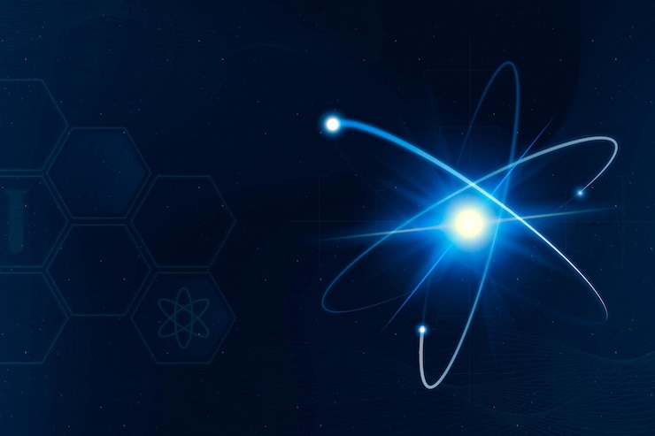 Vecteur gratuit bordure de vecteur de fond de technologie de science atomique dans un style néon bleu avec un espace vide