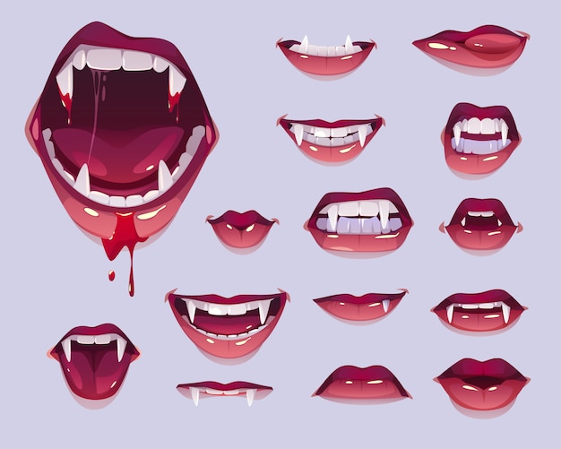 Bouche de vampire avec des crocs, lèvres rouges féminines