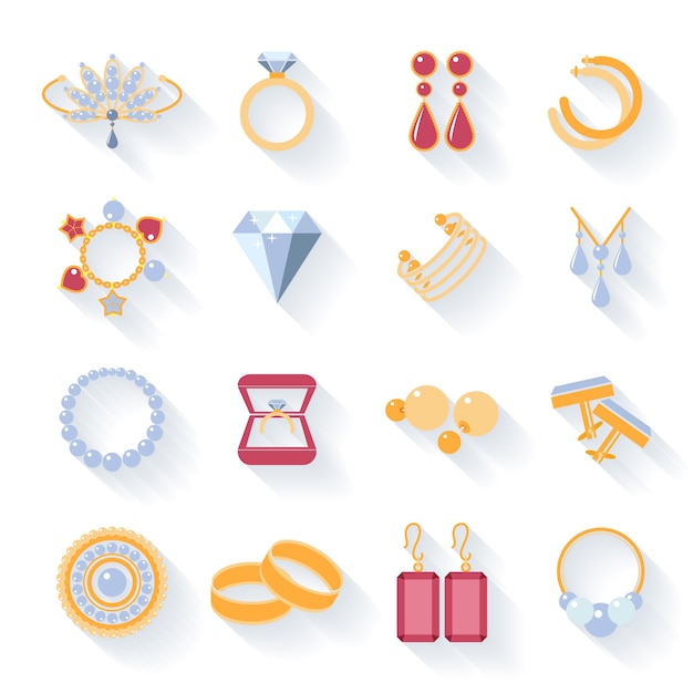Vecteur gratuit boucles d'oreilles et bagues, boutons de manchette et colliers, pendentifs et icônes plates. illustration vectorielle