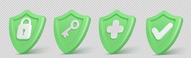 Vecteur gratuit bouclier de rendu 3d avec croix et tique de clé de cadenas