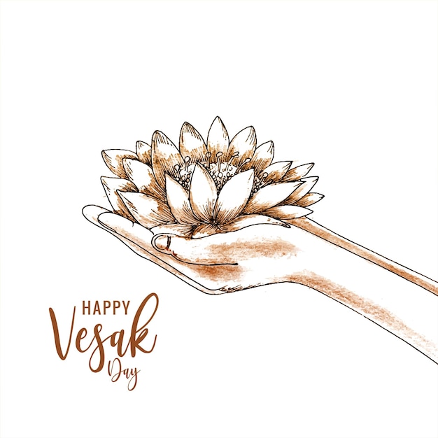 Vecteur gratuit bouddha purnima ou carte vesak avec main tenant la conception de croquis de fleur de lotus