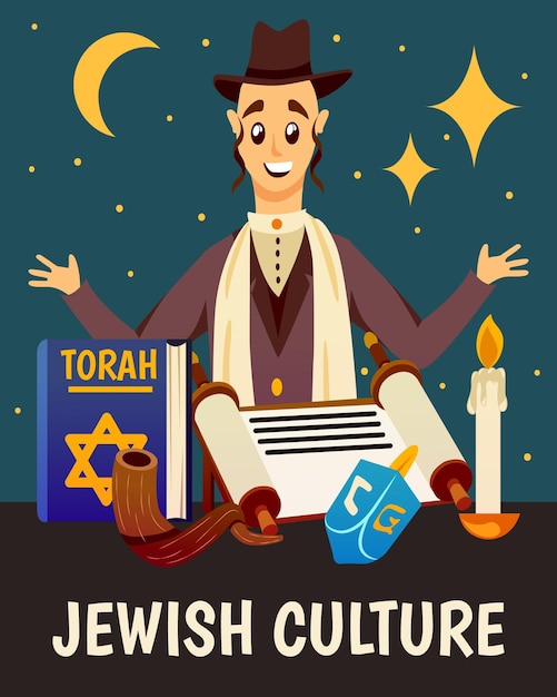 Bougie Et Symboles De Livre De Torah De Caractère Juif De Dessin Animé