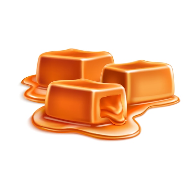 Bougies au caramel caramel composition réaliste avec des barres cubiques dans une flaque d'illustration de caramel liquide