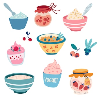 Bouillie et yaourt aux baies. petit-déjeuner sain. les produits laitiers. illustration de dessin animé de vecteur isolée sur fond blanc.