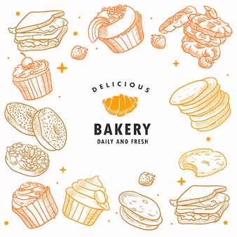 Boulangerie dessiné à la main, pâtisserie, petit déjeuner, pain, bonbons, dessert, illustration